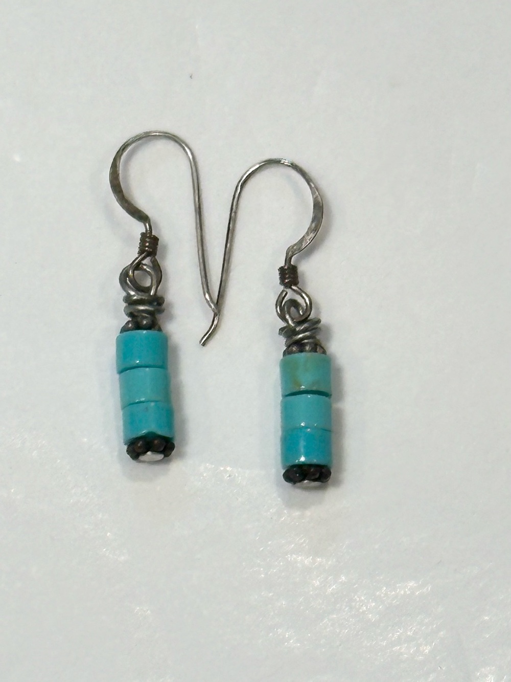 Handmade Genuine Turquoise Beaded Silver Tone Dangle Earrings